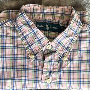 Ralph Lauren Button Down Shirt Mens Size M Pink Blue Long Sleeve Work Preppy